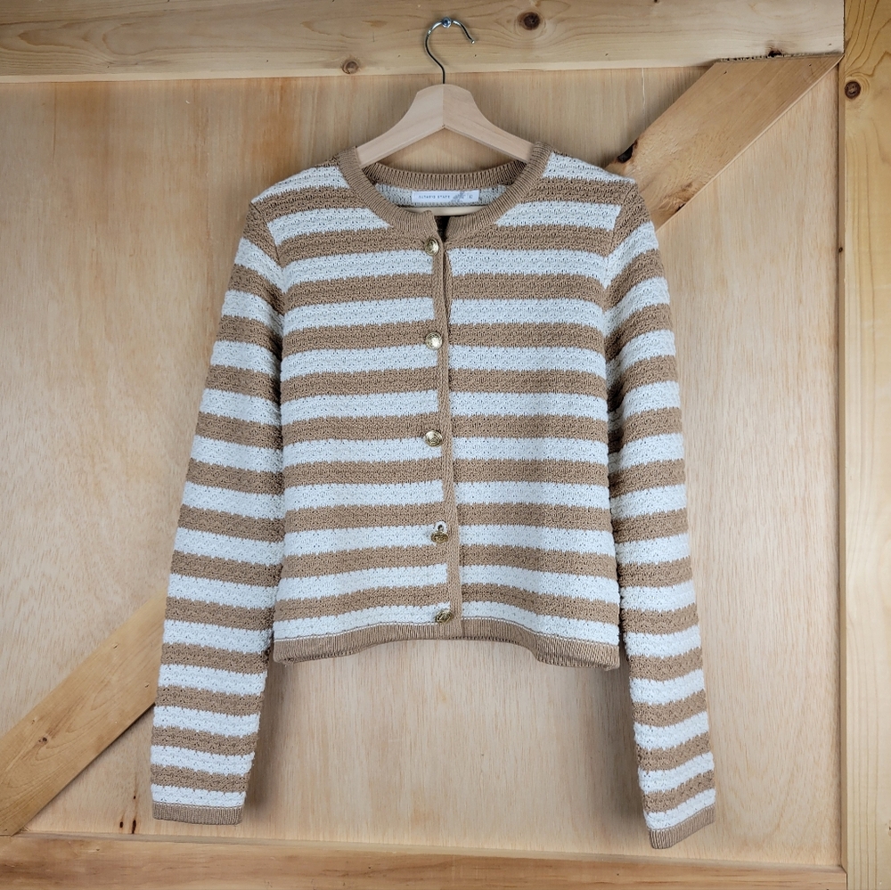 ALTAR'D STATE Textured Stripe Button-Front Cardigan – Size L – Beige & White